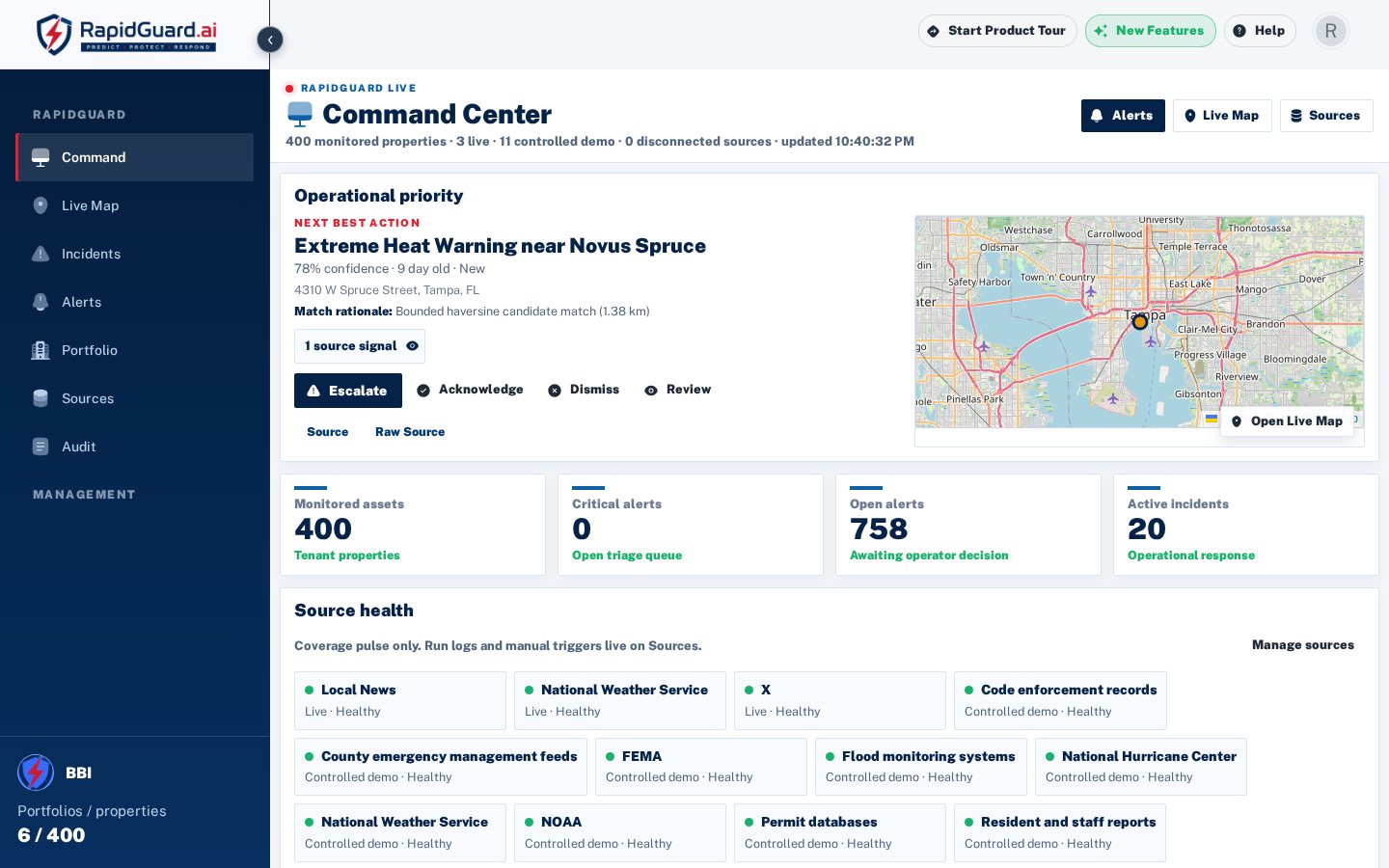 RapidGuard Command Center with next-best-action and live property map