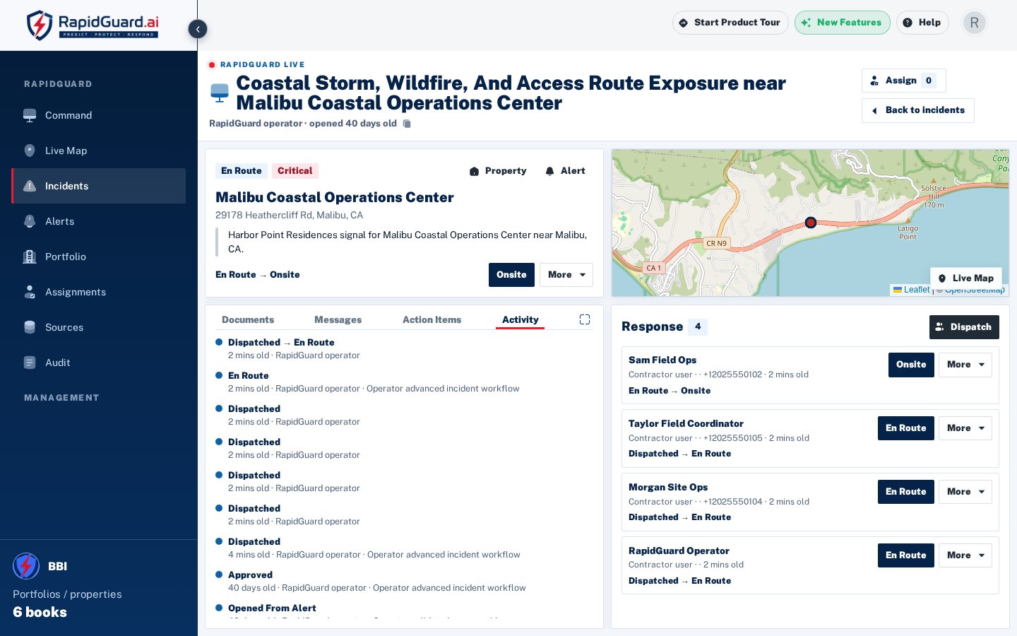 RapidGuard incident record for Malibu Coastal Operations Center with map, activity, and dispatch