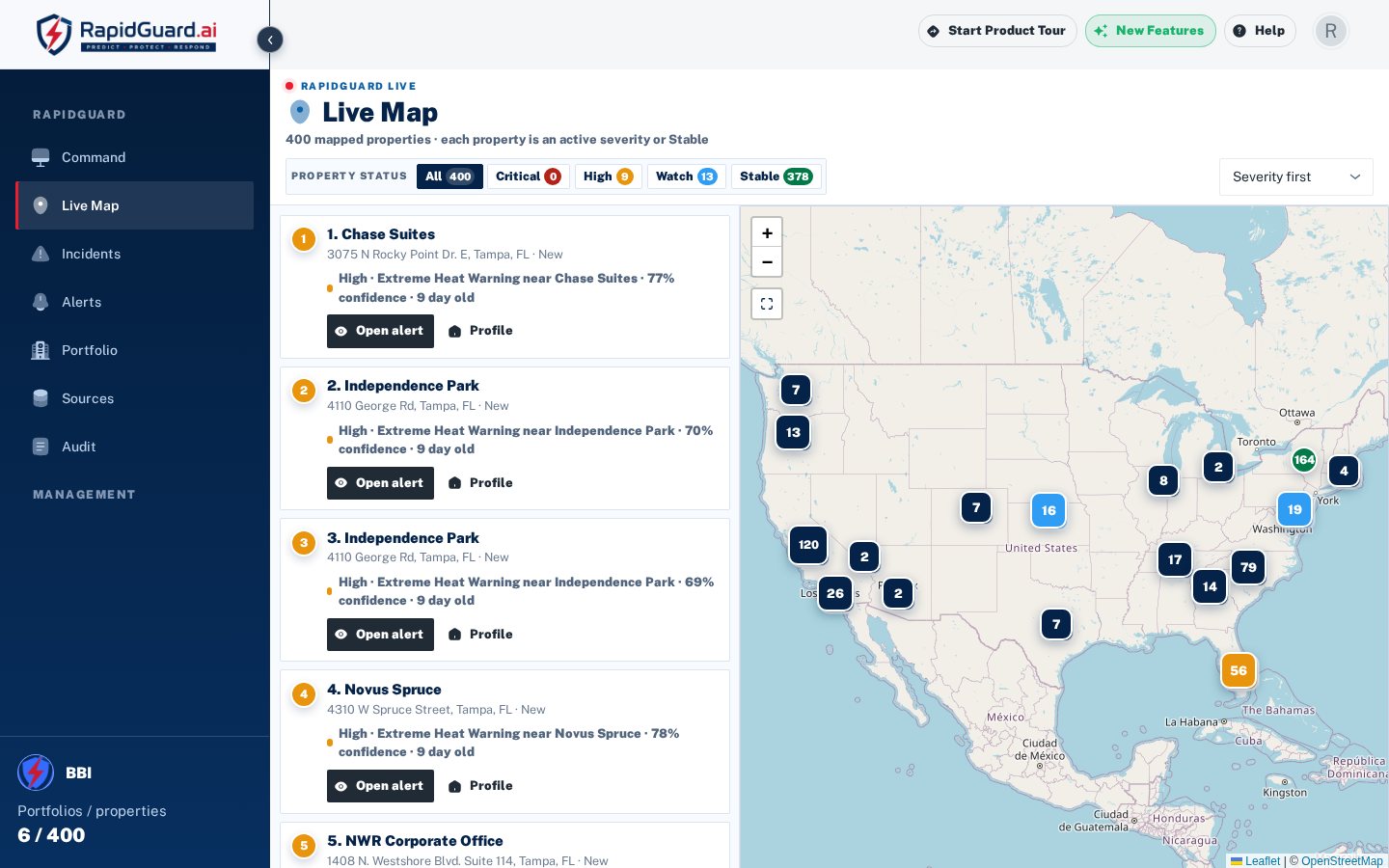 RapidGuard Live Map with Tampa heat-warning properties and national severity clusters