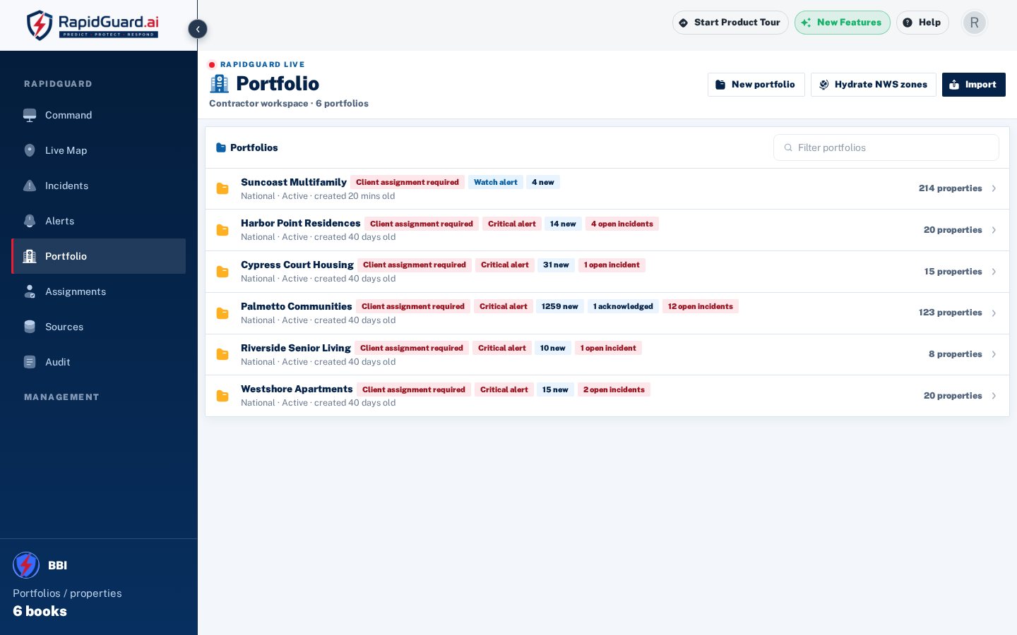 RapidGuard portfolio list with property counts, watch status, and open incidents