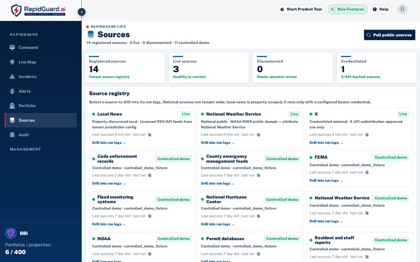 RapidGuard source registry with live NWS, local news, and X feeds plus controlled NOAA and FEMA sources